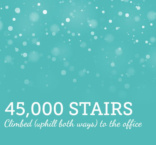 45,000 stairs climbed (uphill both ways) to the office