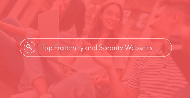 search bar over image of college friends with a laptop