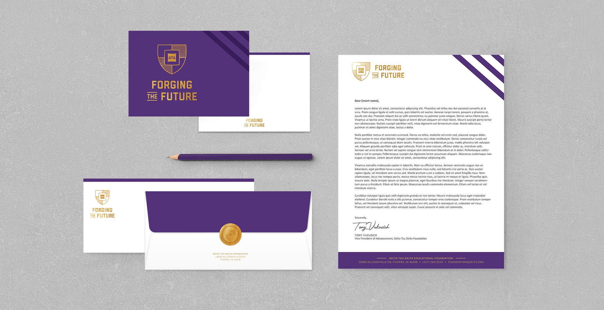 Delta Tau Delta - Forging the Future business system on grey background