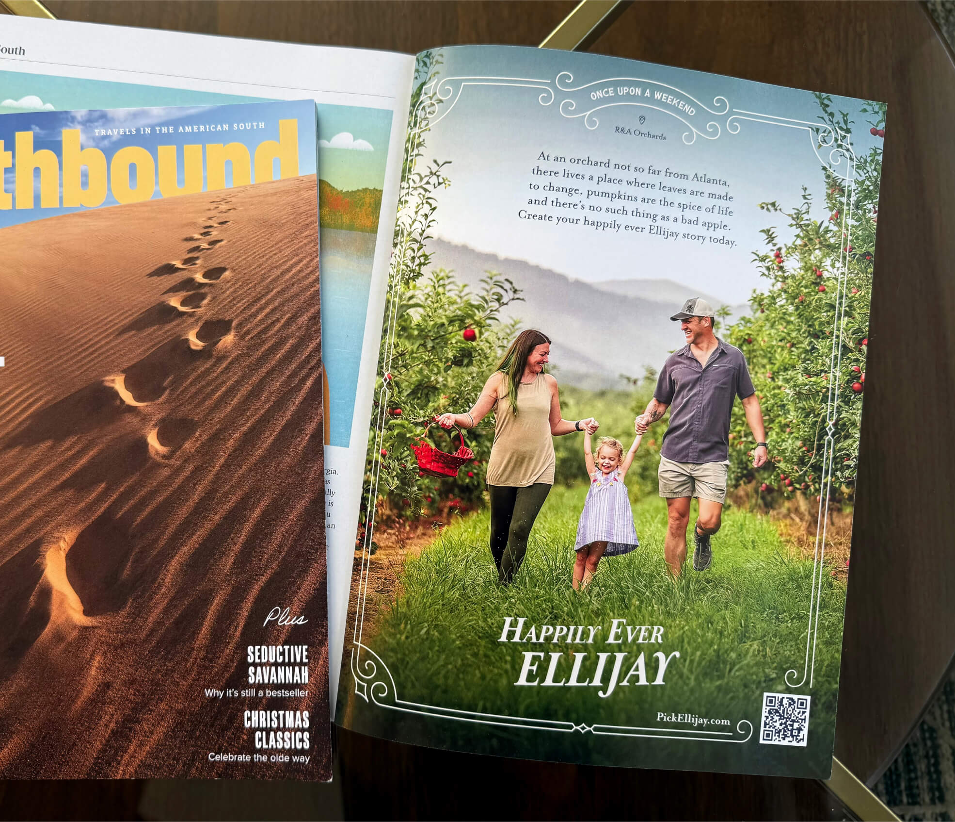 Magazine ad of family walking through apple orchard