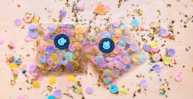 R&R Confetti Packets. Multi-color confetti and glitter exploding from two branded R&R packets.