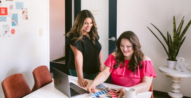 Lexi giving Lauren feedback on color swatches