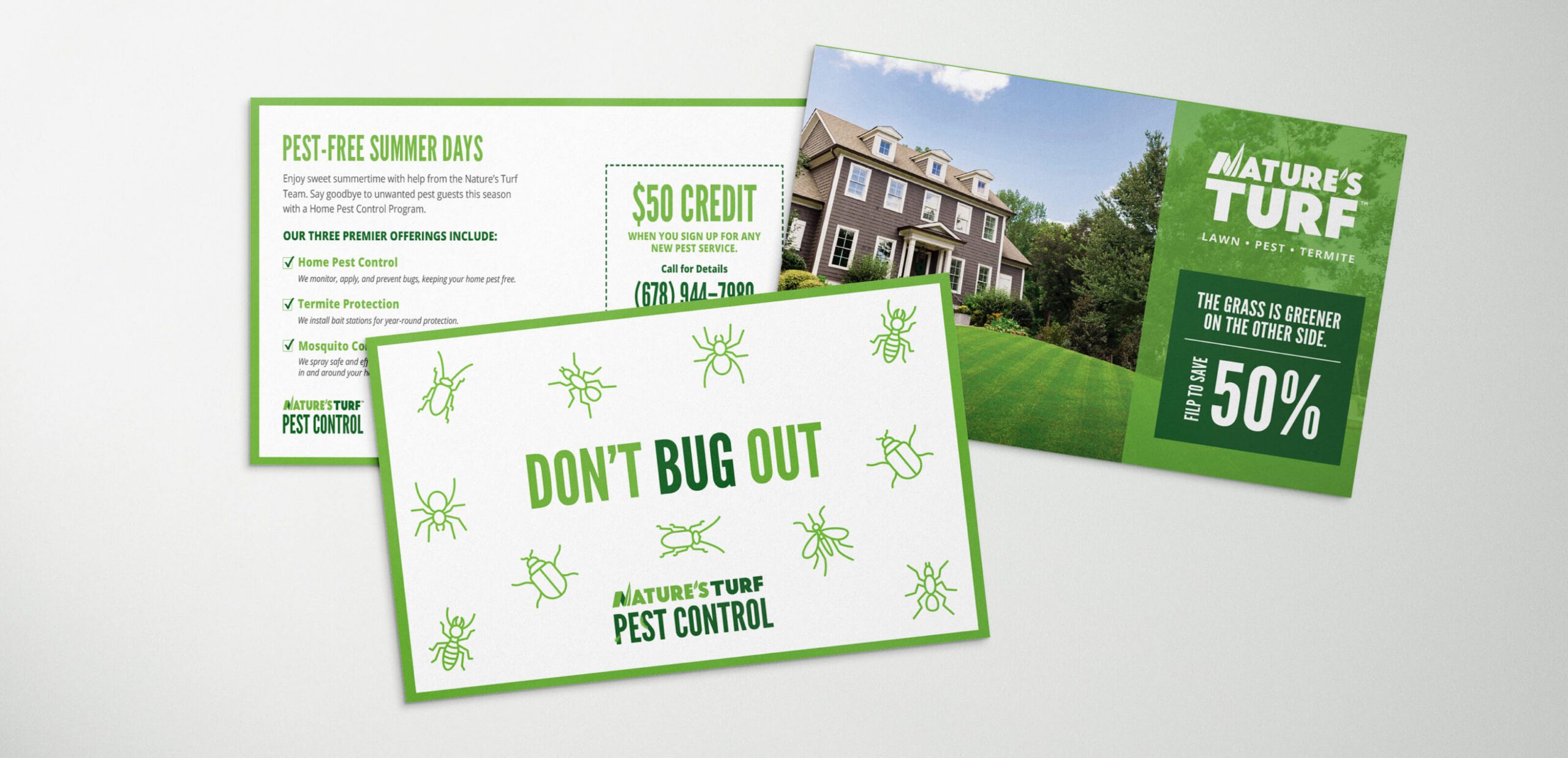 Three Nature's Turf postcards showcasing different designs