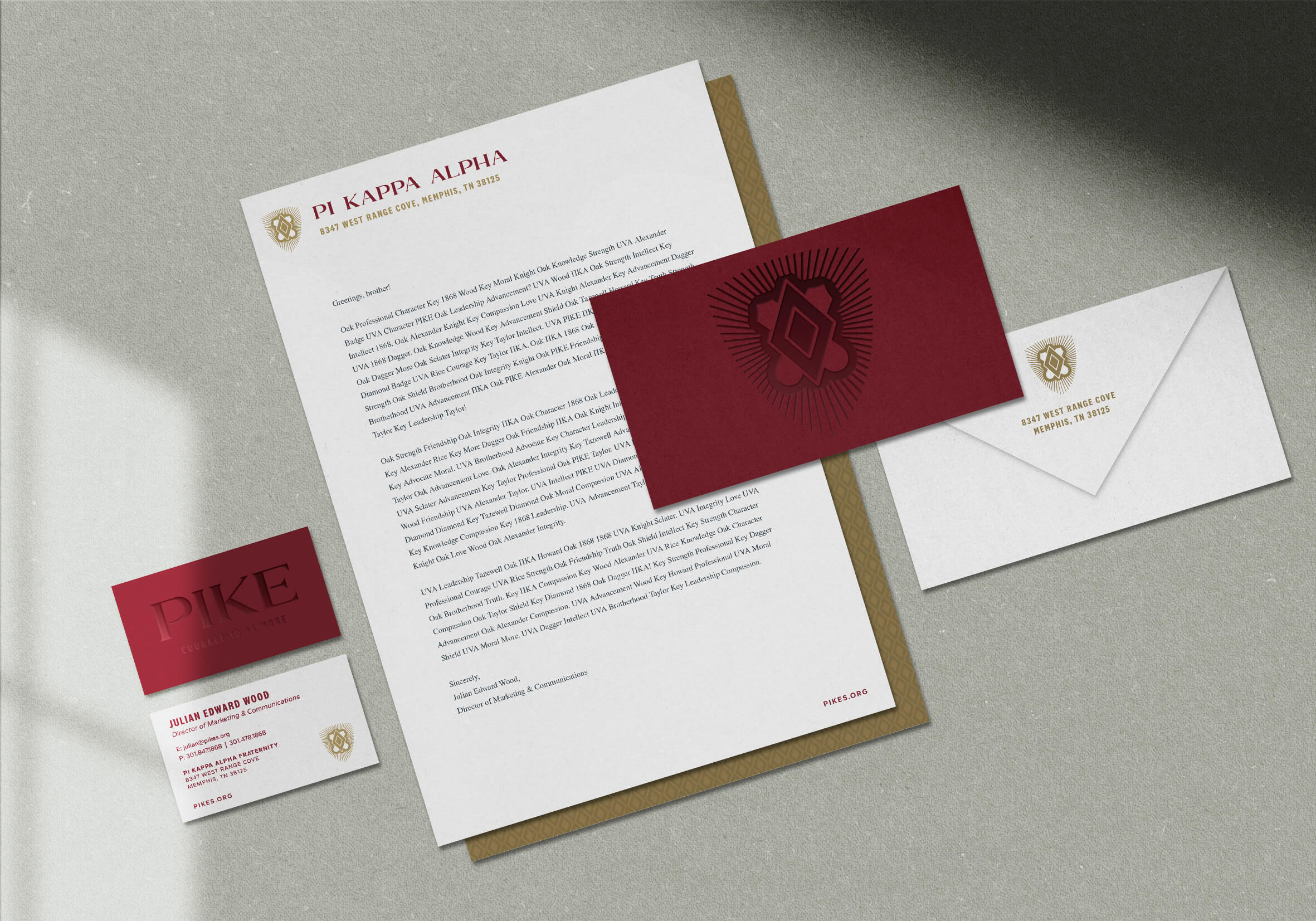 PIKE letterhead, business card, folded card and envelope