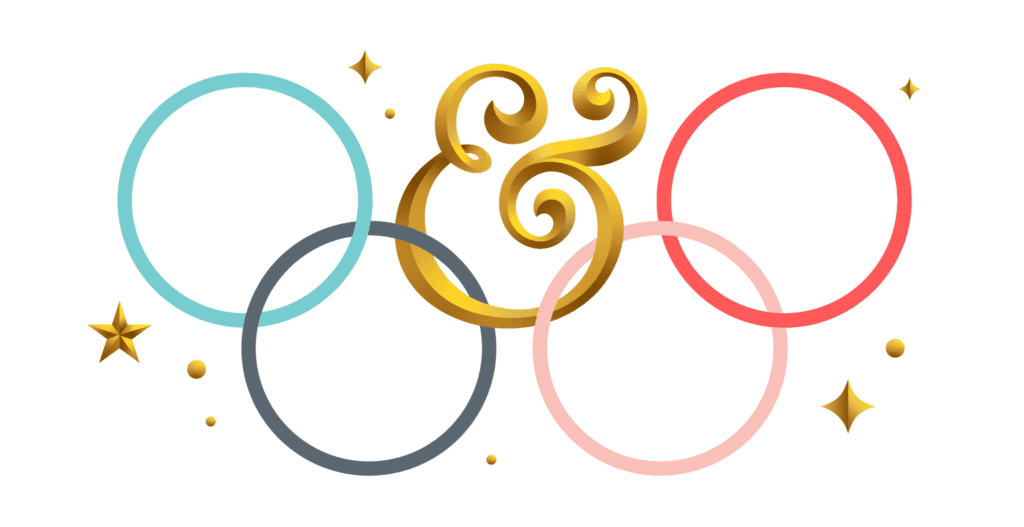 Picture of Olympic rings in Rhyme & Reason Colors intertwined with a gold ampersand