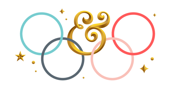 Picture of Olympic rings in Rhyme & Reason Colors intertwined with a gold ampersand