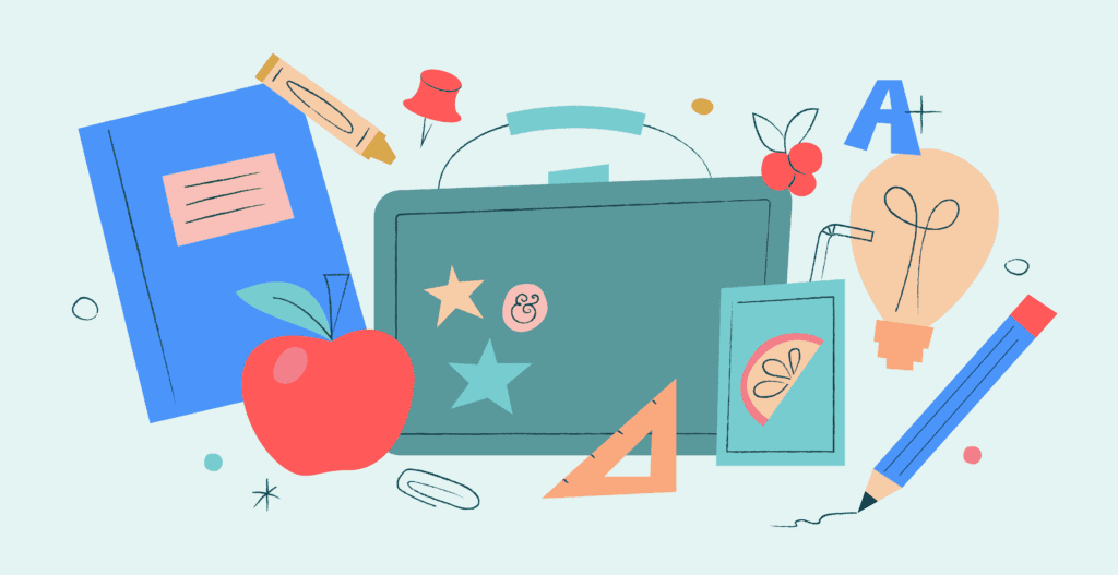 Illustration of back-to-school items including a notebook lunchbox, apple, pencil, crayon, lightbulb, juice box and other cute doodles.