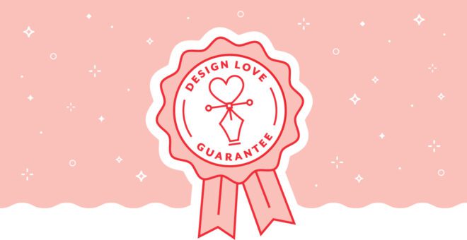 Pink and white Design Love Guarantee ribbon on a pink and white background