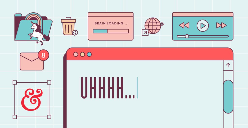 Illustrated computer screen with Word doc open and text that reads "uhh"